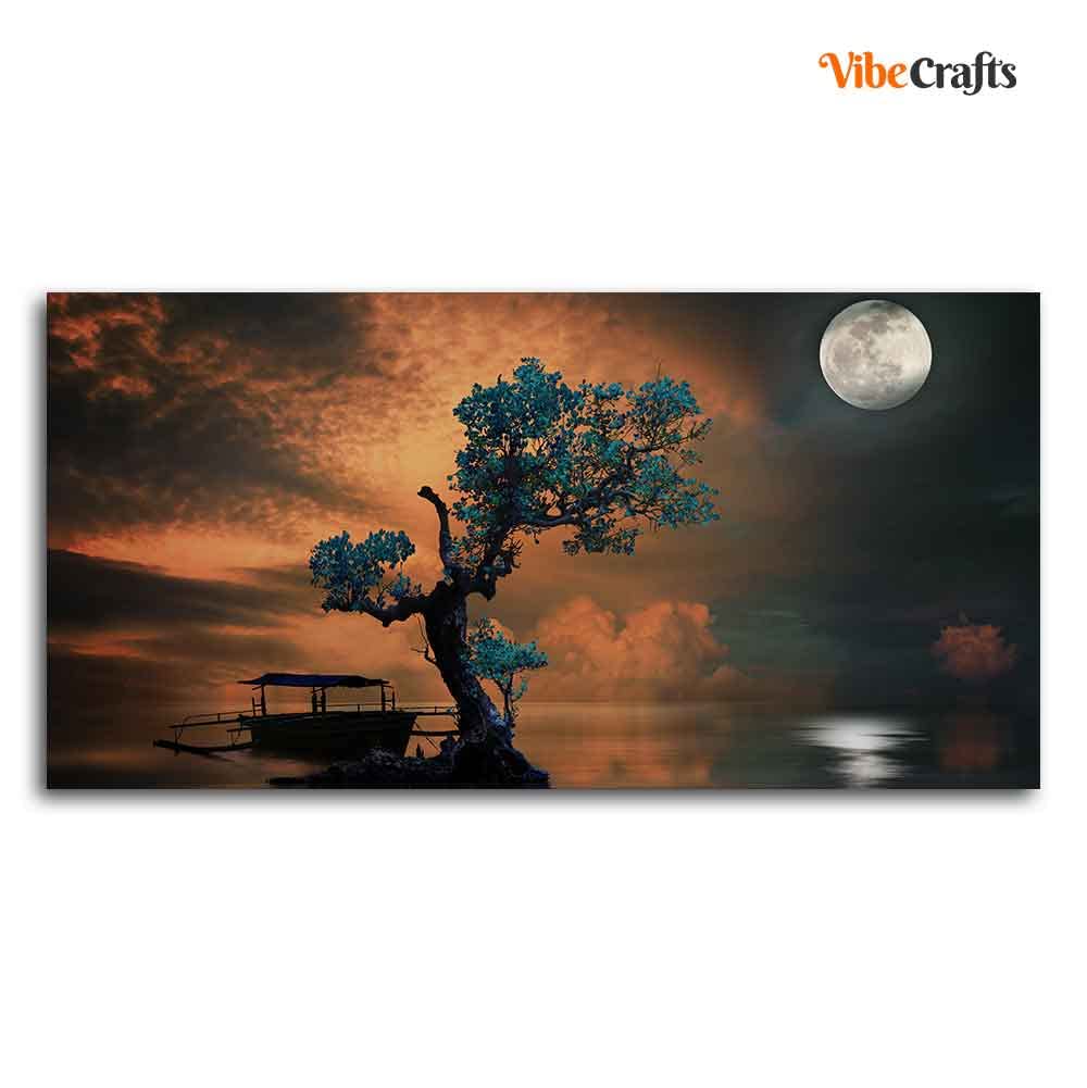 VIBECRAFTS Canvas Paintings for Living Room Drawing Room Amazing Tree Under the Moonlight Premium Painting Wall Art Fitted with Wooden Frame for Home|Office|Gift(PTVCH_2252) (Multi 2)