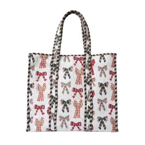 LOOMARTE Quilted Cotton Printed Tote Bag for Women & Girls - White