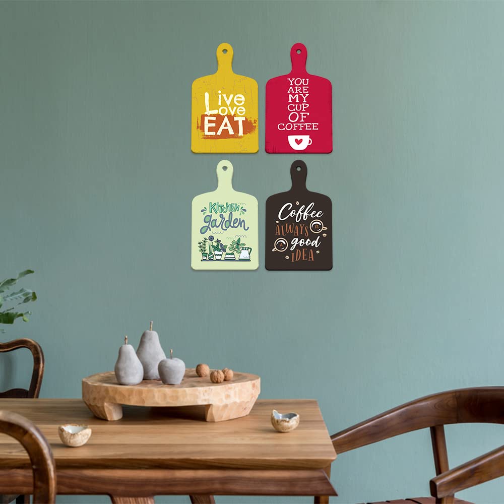 Artvibes Live Love Eat Printed Wooden Wall Hanging for Kitchen | Cafe | Restaurant | Dining Room | Quotes Decor Item | Wall Poster | Food Quotes Decoration | Gift Items | Gifts (WH_5605N), Set of 4