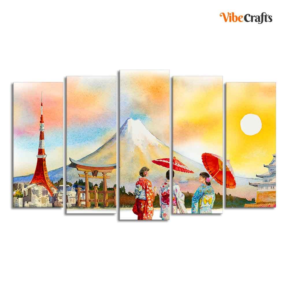 VIBECRAFTS Famous Places of Japan Canvas Wall Painting Set of Five For Home|Office|Living Room|Gift (PTVC5Pcs2_6547)