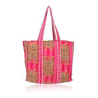 DecorAvenue Quilted Premium Cotton Printed Reversible Tote Bag Grocery Shopping Bag Travel Bags Carry Bag 18x15x5.5 Inch (Pink Cheetha)