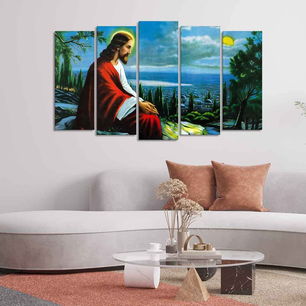 VIBECRAFTS Premium Wall Painting of Jesus Christ in Jerusalem Set of Five Pieces For Home|Office|Living Room|Gift (PTVC5Pcs2_6601)