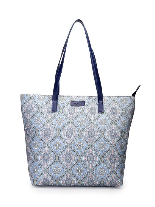 Aquatan Women's Nouveau Print Canvas Tote Bag | Stylish Office & College Handbag with Secure Zipper Closure and Spacious Design | Perfect for Party Holiday and Everyday - Turquoise Blue