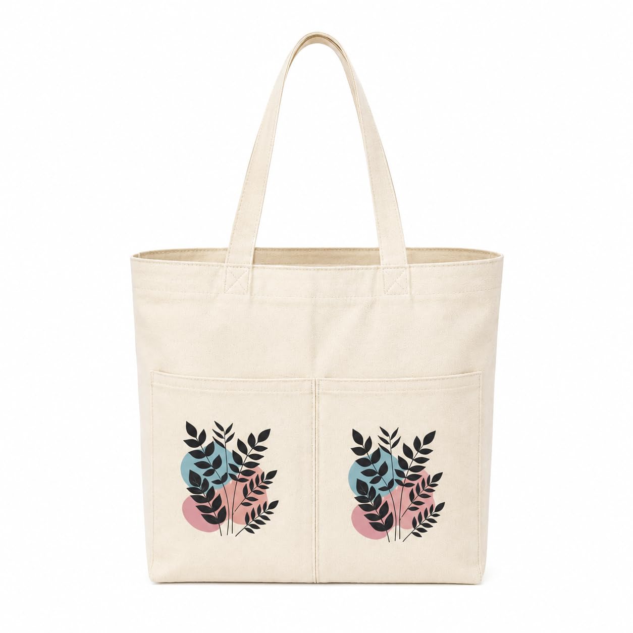 Suryatra Botanical Canvas Tote Bag for Women & Men | Premium Cotton Canvas Shoulder Bag with Dual Front Pockets | Tote Bag for Office, College, Shopping & Travel | Natural | 14 x 16 Inches