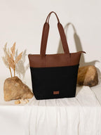 ZOUK Jet Black Solid Printed Women's Jute Handcrafted Vegan Leather Black Everyday Tote
