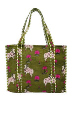 HOUSE OF GULAB Tote Bag for Women Cotton Canvas Bag with Long Handle & Inside Pocket, Shoulder Tote Handbag for Shopping College Office Travel Cloth Bag Ladies Tote Bag (Dark Green & Pink)