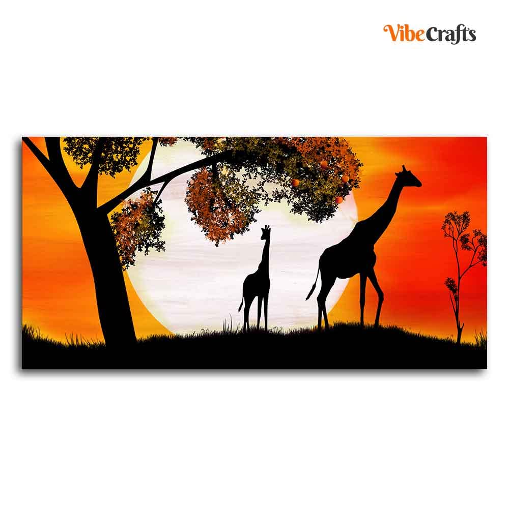 VIBECRAFTS Canvas Paintings for Living Room Drawing Room Pair Of Giraffe Under A Tree In Sunset Canvas Wall Painting Fitted With Wooden Frame for Home | Office | Gift (PTVCH_2404)