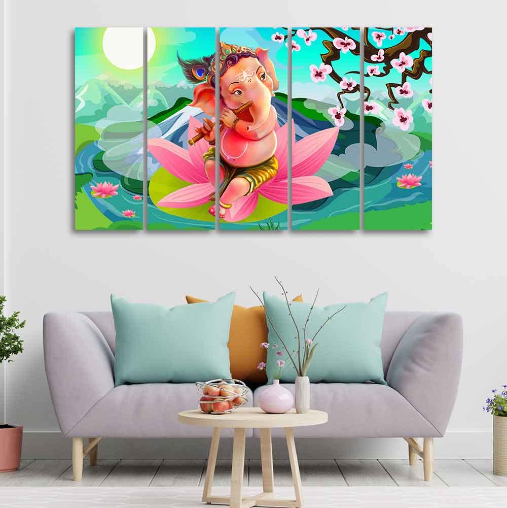 VIBECRAFTS Ganesha Playing Flute Premium Wall Painting of Five Pieces For Home|Office|Living Room|Gift (PTVC5Pcs4_8683)
