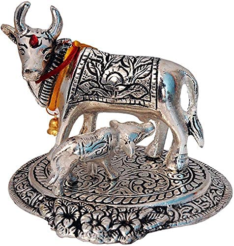 Prince Home Decor & Gifts Metal Kamdhenu Cow with Calf Statue Good Luck Holy Cow with Calf Statue/Metal Cow with Calf for Home Decor Spiritual Showpiece Figurine (Flower Sp, 180)