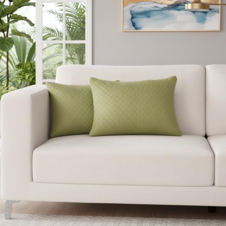 STITCHNEST Quilted Velvet Cushion Covers Set of 2 | Soft Mehndi | 12x18 Inches | Premium Sofa & Living Room Décor