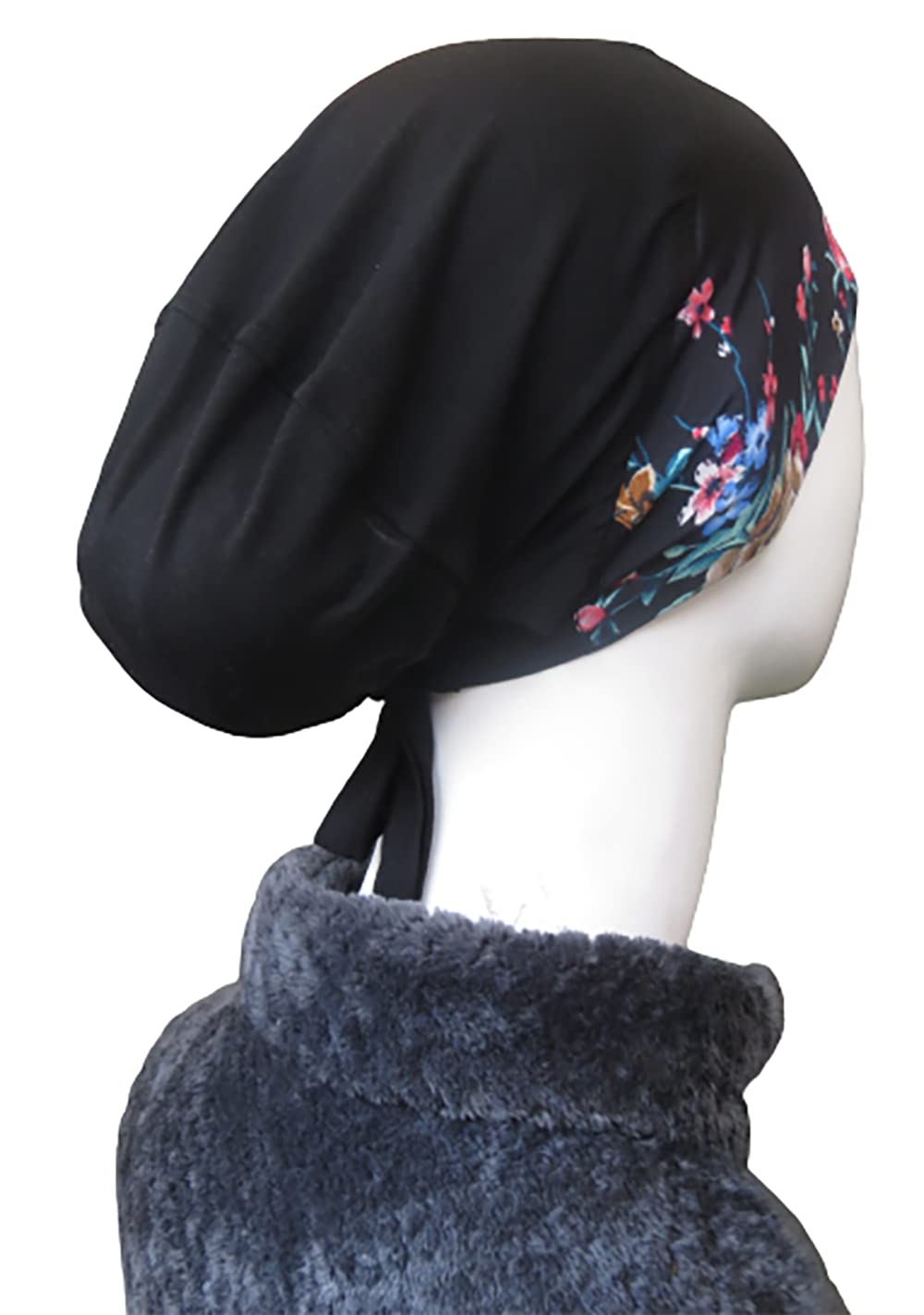 TCP Women’s Premium Printed Under Scarf, Bonette Inner Cap, Headscarves,Hijab - Black Ditsy (Black Pink Floral print)
