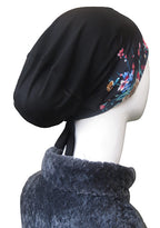TCP Women’s Premium Printed Under Scarf, Bonette Inner Cap, Headscarves,Hijab - Black Ditsy (Black Pink Floral print)