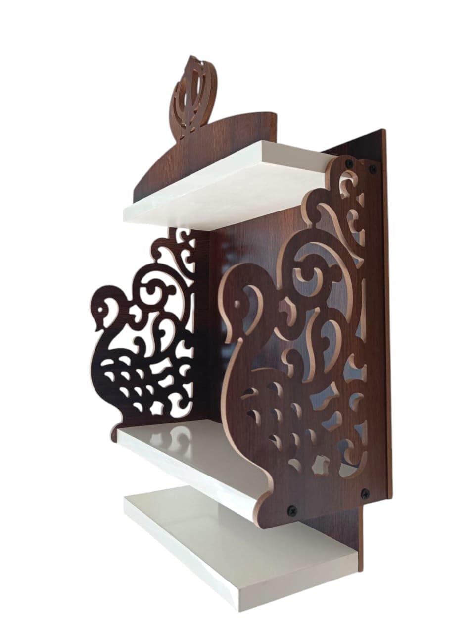 Decorative Wooden Wall-Mounted Temple with Carved Peacock and Sikh Khanda Design, 3-Tier Display Shelf, Sikh Guru Khanda Temple Brown and White