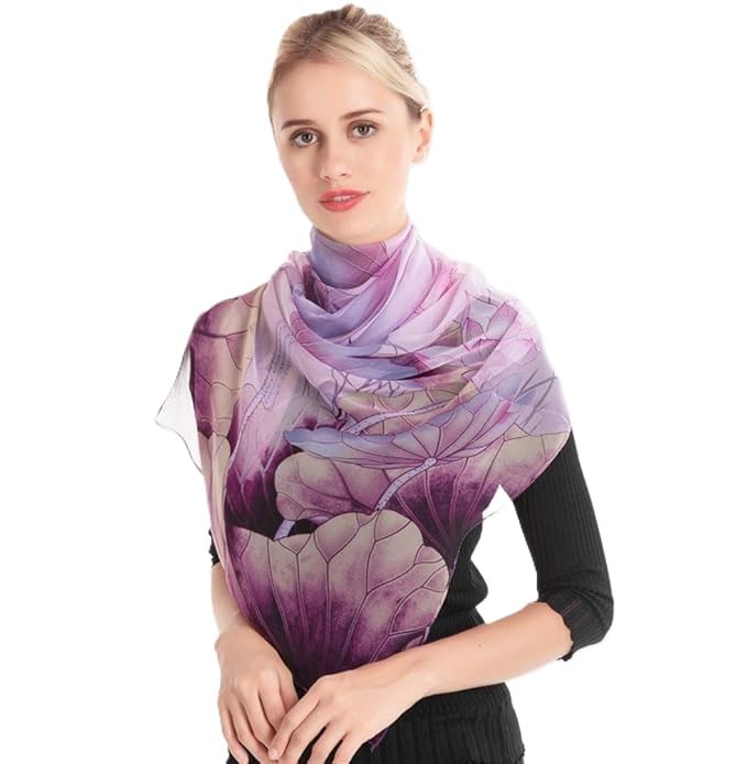 Alexvyan Purple Floral Chiffon Summer Scarves 150 x 50 cm, Light Weightwith Stitched Border, Lightweight Fashion Scarf for Women Sun Protection Stole