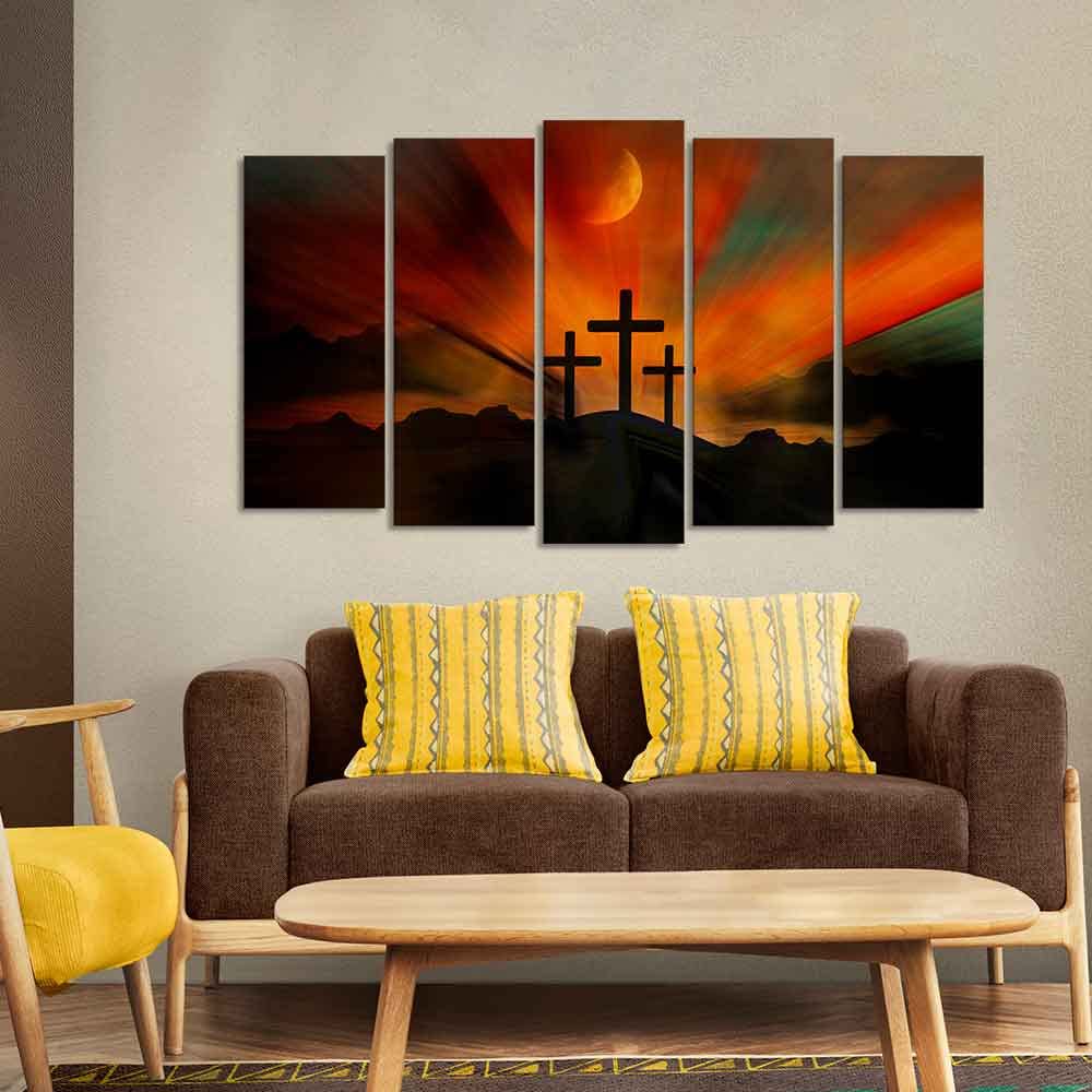 VIBECRAFTS Three Cross Silhouette Canvas Wall Painting of Five Pieces Set For Home|Office|Living Room|Gift (PTVC5Pcs2_6627)
