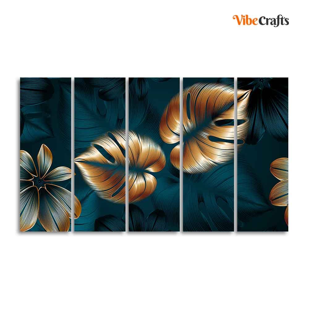 VIBECRAFTS Shiny Golden Leaves Floating Canvas Wall Painting Set of Five For Home|Office|Living Room|Gift (PTVC5Pcs4_8583N)