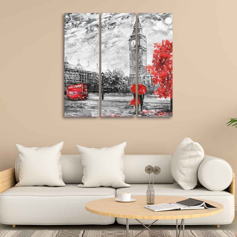 VIBECRAFTS 3 Pieces Beautiful View Of London Canvas Wall Painting Fitted With Wooden Frame For Home | Office | Living Room | Gifts (PTVC3Pcs1_9510)