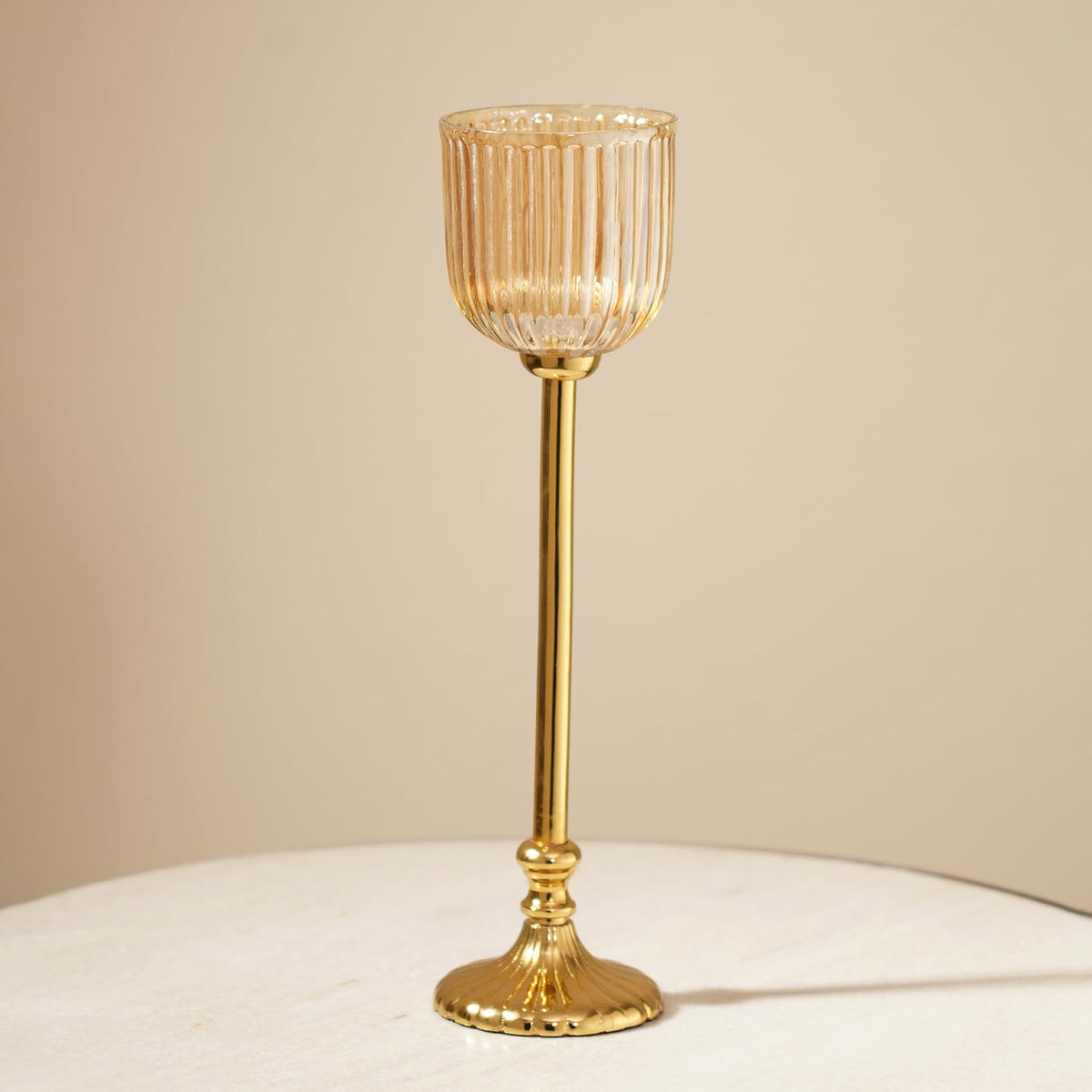 Pure Home + Living Gold Ribbed Tall Hurricane with Stand - Large