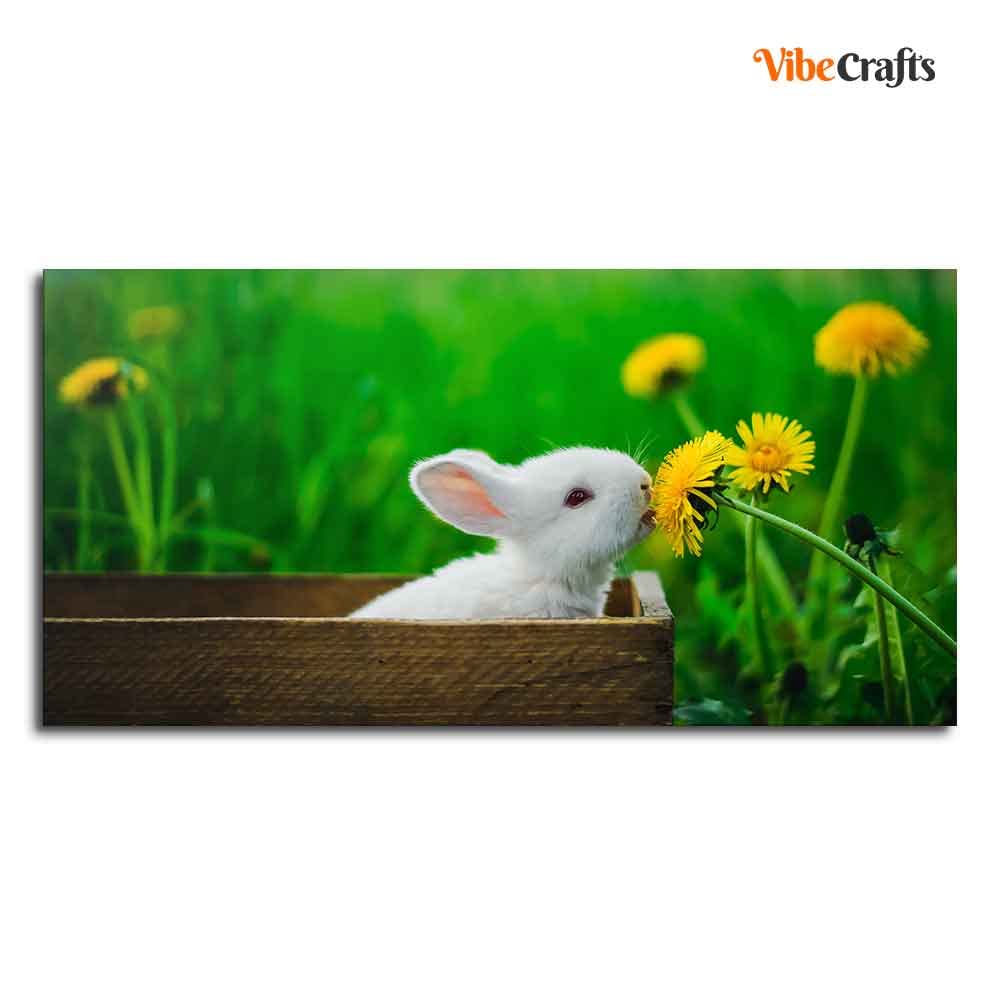 VIBECRAFTS Canvas Paintings for Living Room Drawing Room White Bunny In Yellow Flowers Garden Canvas Wall Painting Wall Painting Fitted with Wooden Frame for Home | Office | Gift (PTVCH_2317)