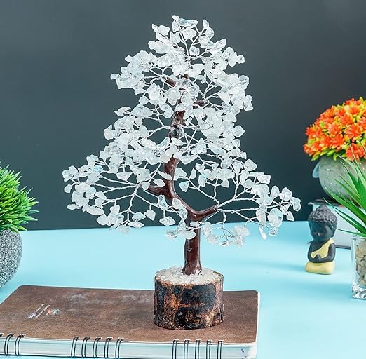 JINALI GEMS ® Clear Quartz Tree - Natural Gemstone Healing Crystal Bonsai Tree of Life- Protection & Aura Cleansing - Size 9-10 inch (Silver Wire - 300 Beads Approx)