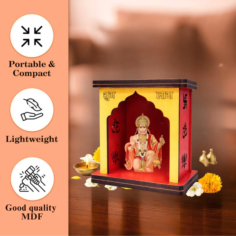Apnatohfa Hanuman ji Mini Wooden Mandir for Car Dashboard & Home | Shubh Labh Pooja Temple | Spiritual Car Decor & Gift Item