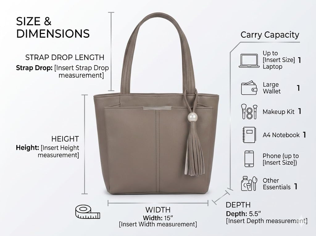 PAVILONN Women Tote Bag Ladies Handbag Shoulder Office Shopping Work Laptop PU Leather Brown Travel College Daily Use Designer Large Stylish Fashion Zipper Commuter Gift (GREY 3)