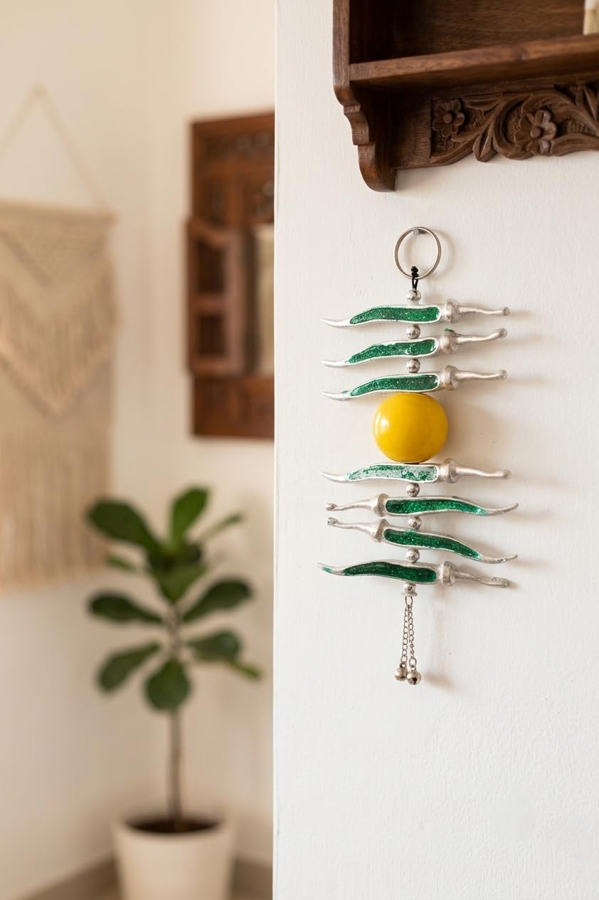 KridayKraft Decorative Silver Plated Multicolour Nimbu Mirchi Hanging, Traditional Door Entrance Decor for Positivity and Protection.