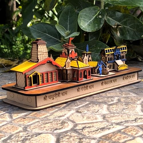 A & S VENTURES Pine Wood Handmade 3D Char Dham Model/Char Dham yatra Model Frame of Yamnotri, Gangotri, Kedarnath & Badrinath Dham for Home,Temple,Office,Gift,Deco'r