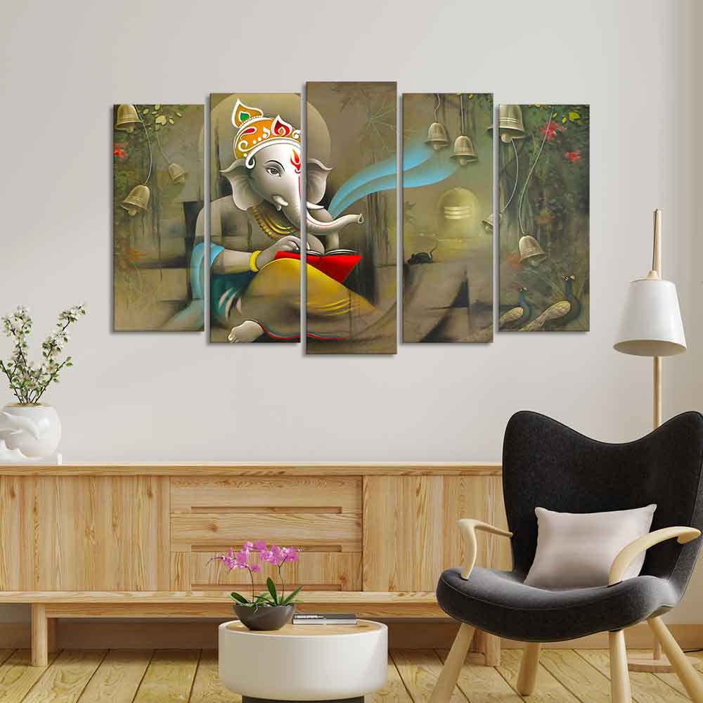 VIBECRAFTS Beautiful Shree Ganesh Premium Wall Painting Set of Five Pieces For Home|Office|Living Room|Gift (PTVC5Pcs2_6549)