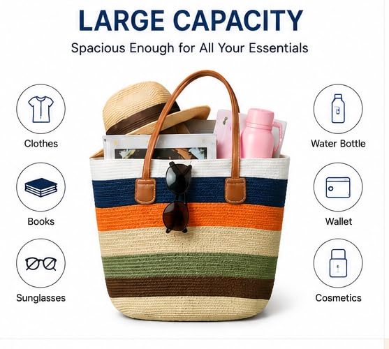 Valerie Women Straw Tote Bag for Beach & Travel, Large Woven Shoulder Handbag with PU Leather Handles, Stylish Summer Tote Purse for Shopping, Vacation & Daily Use (Beige)