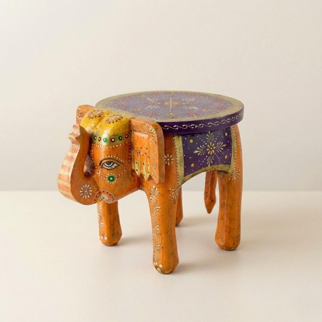 ATRANGI STUDIO Purple Orange Handpainted Wooden Elephant Stool Cum Showpiece | Mango Wood Traditional Multipurpose Stool for Living Room Decor & Mandir | Perfect for Plant Stand | 8x8x10 inch
