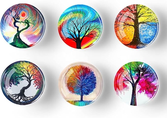 YAVRIXZ 12Pcs Glass Strong Magnetic Refrigerator Magnet Fridge Sticker, Round Funny Marbling Crystal Kitchen Magnets Decorations for Office Whiteboard, Cabinet, Dishwasher, Locker (Tree)