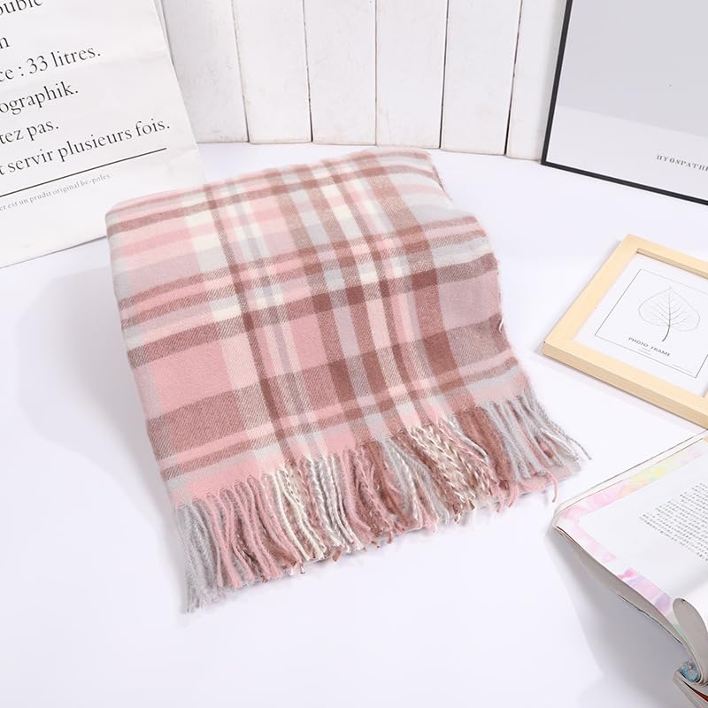 Alexvyan Winter Pink with Line Check Stole Warm Long Stoles Shawls Long Big Checked Scarves Woolen Women Casual Scarf Soft Wrap for Casual Formal Occassions- 200CM*70CM