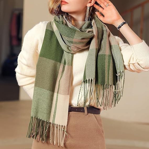 Alexvyan Winter Green Multicolor Long Warm Stoles Shawls Long Big Checked Scarves Woolen Women Casual Scarf Soft Wrap for Casual Formal Occassions- 200CM*70CM