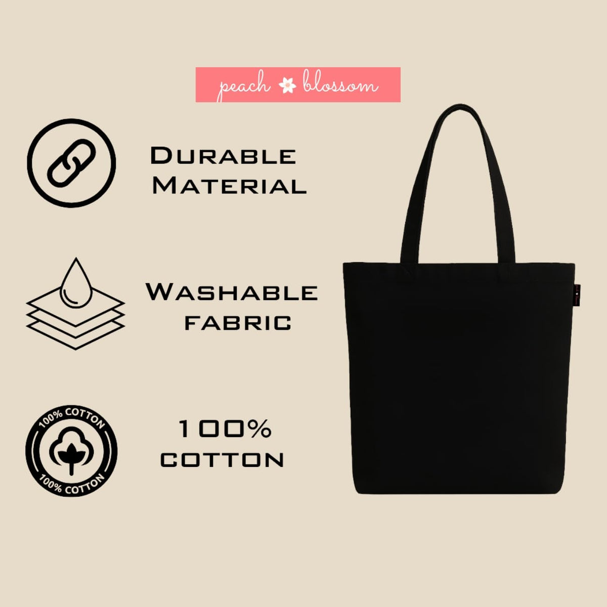 Peach Blossom Women’s Cotton Printed Tote Bag_BLK - PEACE