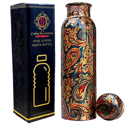 DSH Copper Bottles for Water 1 Litre Printed Design with Fine Art Work, Yoga Water Bottle 1000 ML (Color 07)