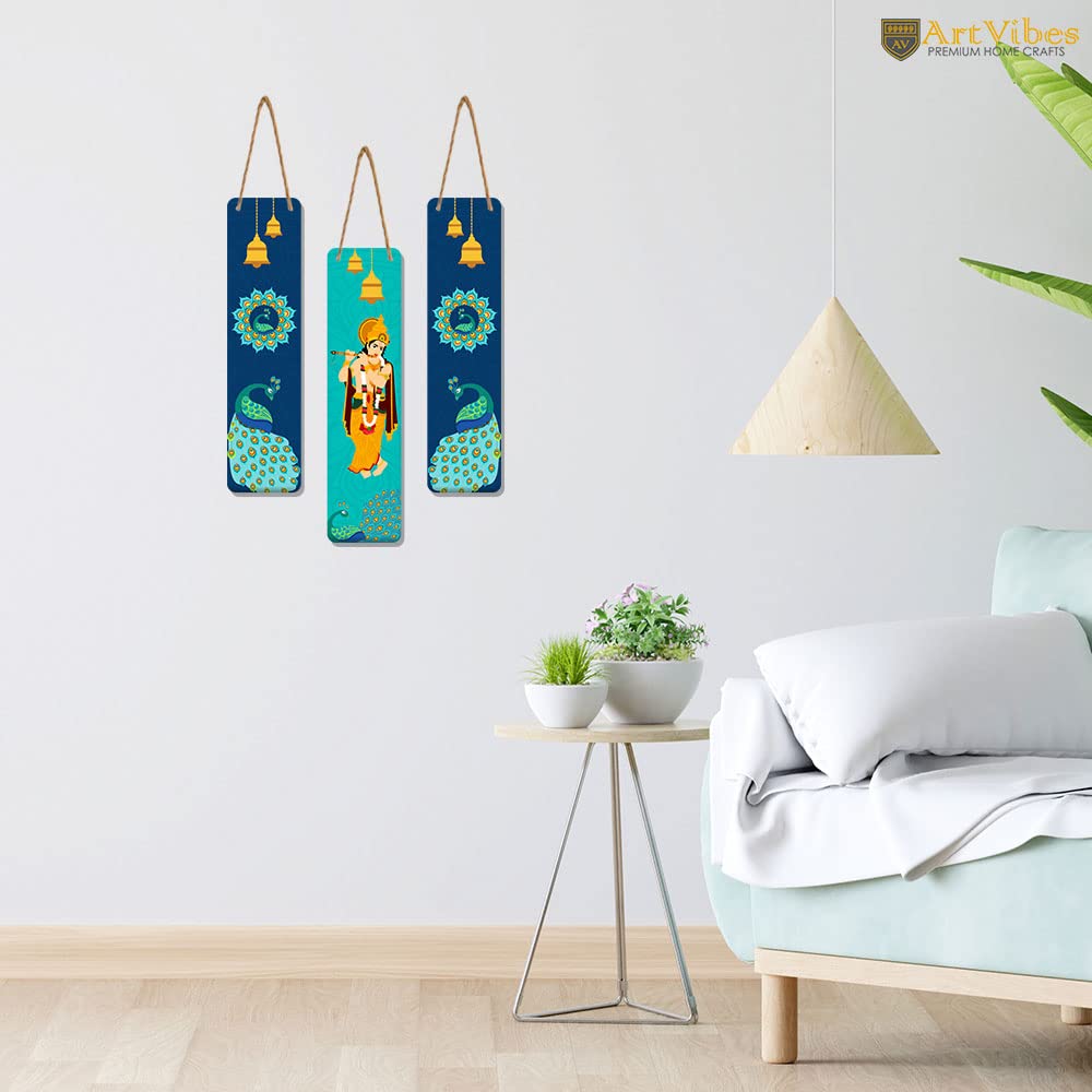 Artvibes Shri Krishna Wooden Wall Hanger for Home Decoation | Properity | Spiritual Decor Items | Handcrafted Art | Wall Poster | Artwork| Stylish Modern Decor Item | Gift Items (WH_8110N), Set of 3