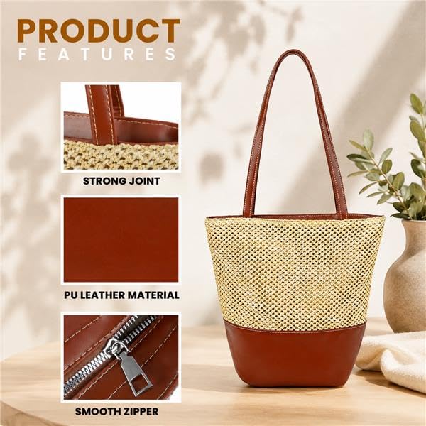 Storite Women’s Summer Straw Tote Bag – Woven Raffia Beach Handbag with Leather Base & Long Shoulder Straps | Lightweight Vacation, Travel & Everyday Shopper Bag