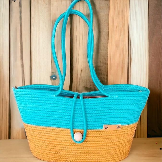 BEAUTIFUL HOMMIES Attractive Hand Bag |large Tote Bag |Summer Bag | Bucket Bag | Basket Bag | Bamboo Tote | Beach Bags for Women|Boho Bag|Handbag |Jute Bag |Handmade Bag (YELLOW CYAN STYLISH)