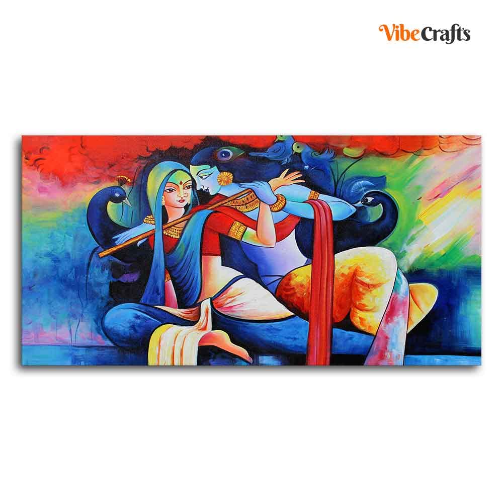 VIBECRAFTS Canvas Paintings for Living Room Drawing Room Radha Krishan Playing Flute Canvas Wall Painting Fitted With Wooden Frame For Home | Office | Living Room | Gift (PTVCH_2479)
