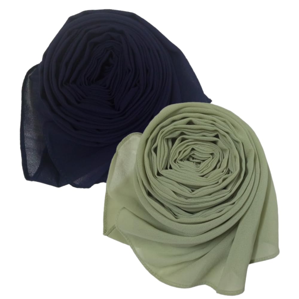 Trending Combo of 2 Muslim Women Malaysian Soft Plain Chiffon Georgette Fancy Hijab/Scarves/Shawl/Stoles/Duppatta/Solid head Wrap College Girls Abaya Scarf Collection (Navy Blue, Pista Green)
