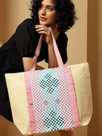 ASIAN Beach Tote Bag with Rope Handles For Women & Girls Beige with Pink Palm Print | Large Shoulder Bag, Stylish Designer Handbag, Lightweight, Perfect for Office Bag, College Bag & Shopping Use