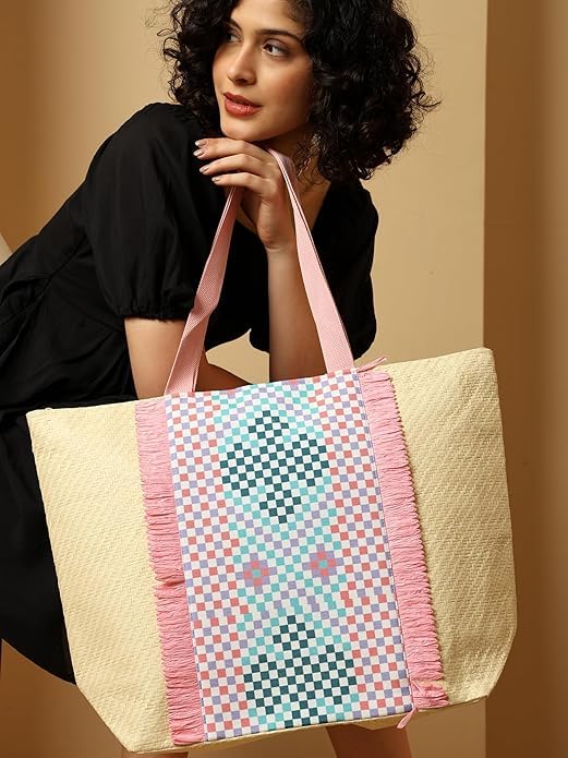 ASIAN Beach Tote Bag with Rope Handles For Women & Girls Beige with Pink Palm Print | Large Shoulder Bag, Stylish Designer Handbag, Lightweight, Perfect for Office Bag, College Bag & Shopping Use