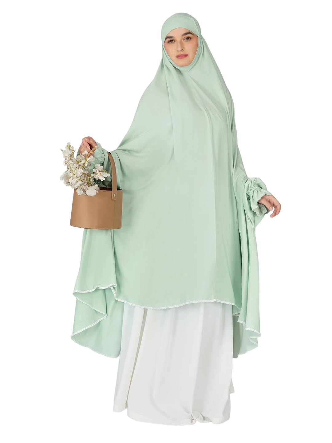 ANA Raha Green Solid Prayer Dress – Premium Modal Namaz Makhna with Tie Knot | 50″ Front × 58″ Back | Attached Sleeves | Lightweight, Breathable, Ready to Wear for Hajj, Umrah & Salah