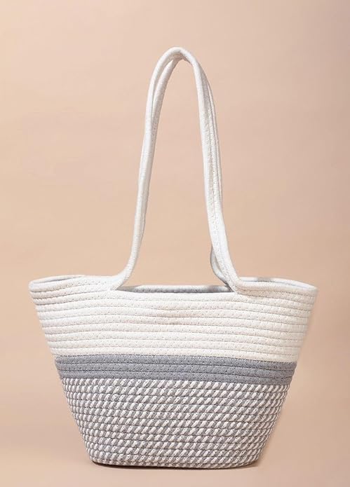 BEAUTIFUL HOMMIES Attractive Hand Bag |large Tote Bag |Summer Bag | Bucket Bag | Basket Bag | Bamboo Tote | Beach Bags for Women|Boho Bag|Handbag |Jute Bag |Handmade Bag (WHITE GREY STYLISH)