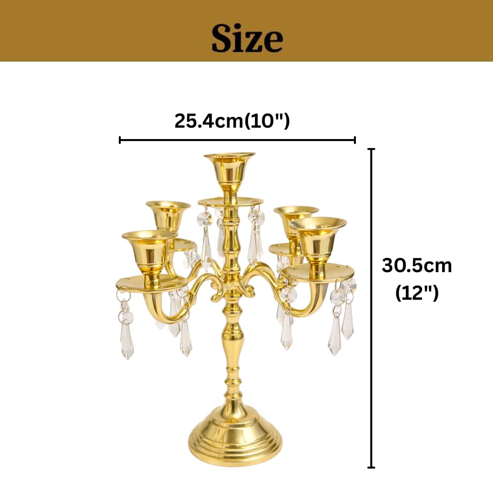 Extreme Karigari Premium 12 Inch Golden Aluminum 5-Arm Candle Stand with Crystal Hangings | Luxury Centerpiece for Home Décor, Weddings, Festive Decoration & Dining Table