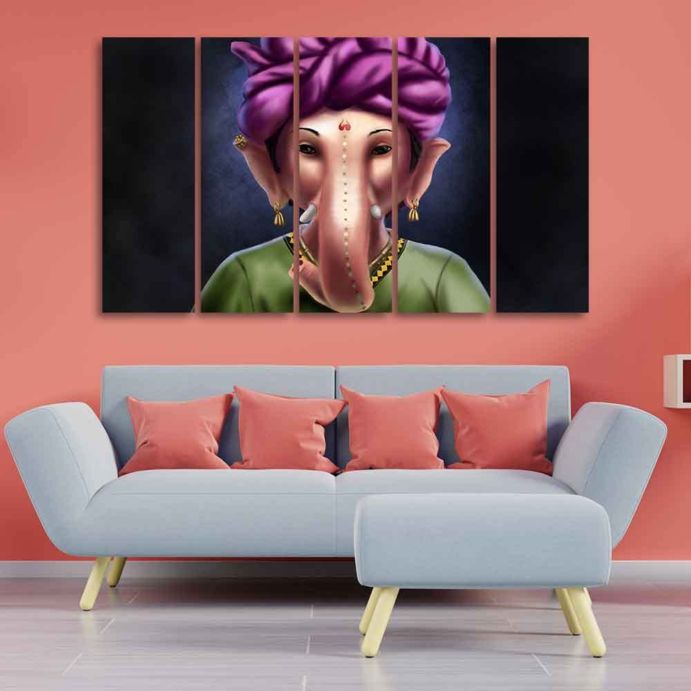 VIBECRAFTS Portrait of Ganesha Canvas Wall Painting of Five Pieces For Home|Office|Living Room|Gift (PTVC5Pcs4_8719)