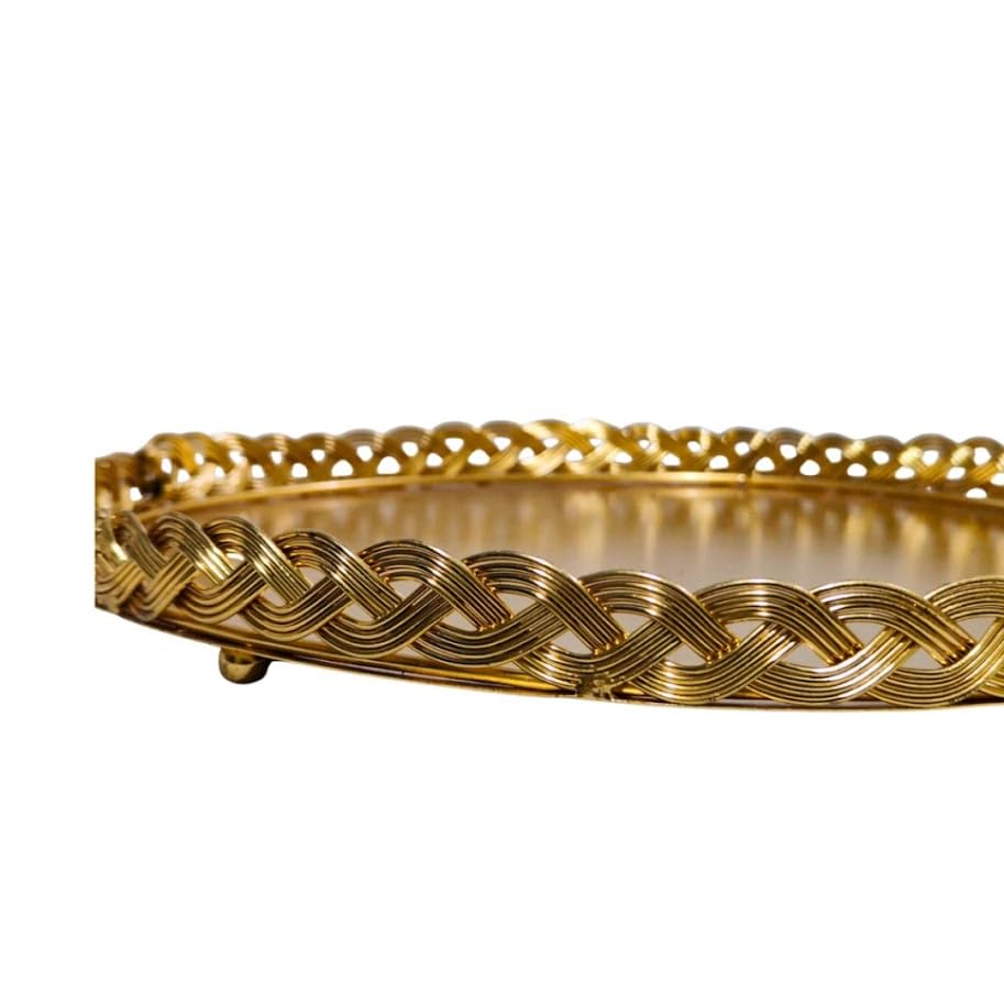 Luxury Gold Round Decorative Serving Tray - 12-Inch Ornate Braided Metal Vanity Tray with Mirror-Finish for Coffee Table, Ottoman, Home Decor - Ideal for Afternoon Tea, Jewelry, or Dessert Display