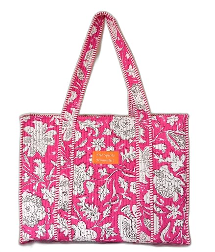 Cotton Tote bag for Women | Shoulder Bag | Reversible Bag | Durable Shopping bag | Reusable Grocery Bags | Eco friendly Bags| Handmade Cotton Bag | Stylish Quilted handBag (Pink White)
