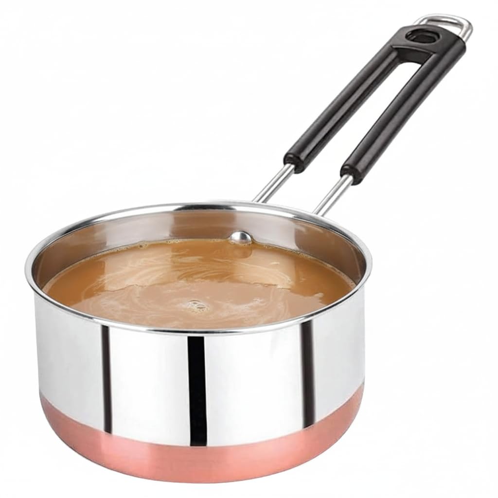 Padchaaya Copper Bottom Sauce Pan Tea Maker Milk Coffee pan bhgoni Stainless Steel Sauce Pan with Handle, Flat Base, Tea Pan, Milk Pan Tapeli Patila, Pot (Copper- 2 L)